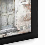 Close-up of a rustic Italian door on black framed canvas, featuring a textured, colorful art style.