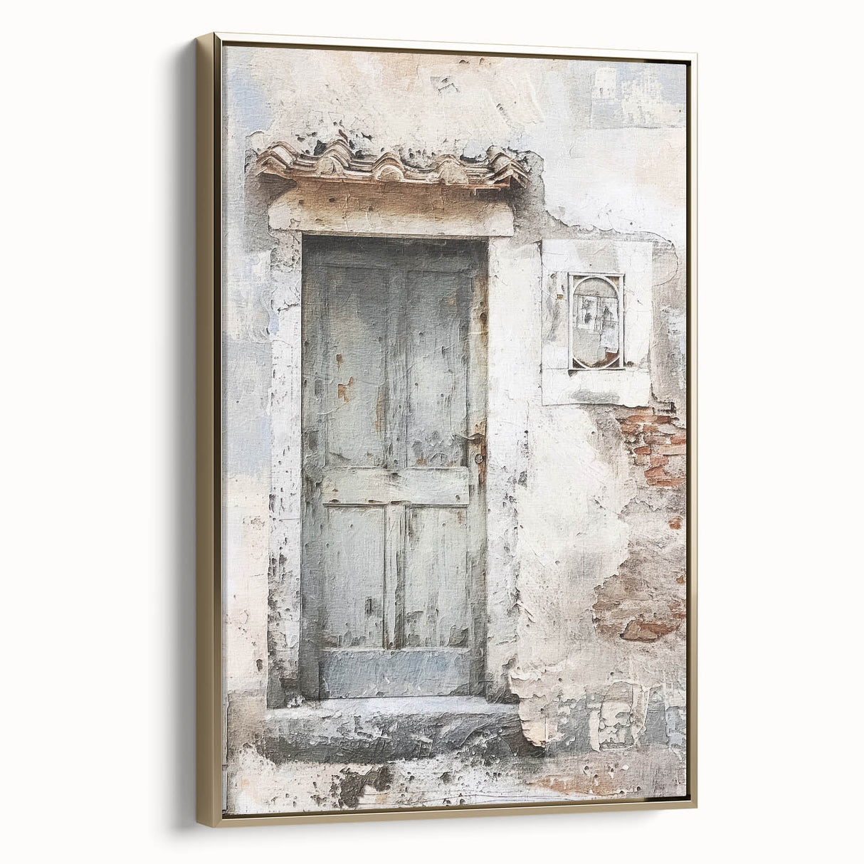 Framed canvas featuring a rustic Italian door in muted earth tones, ideal for bedroom wall art.