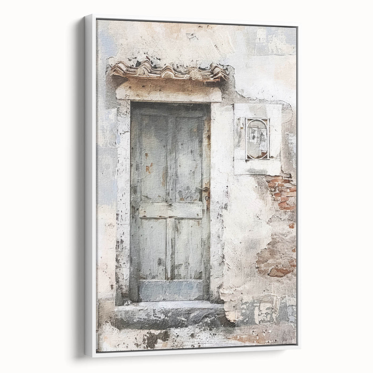 Framed canvas of a rustic Italian door in muted earth tones, ideal for living room decor.