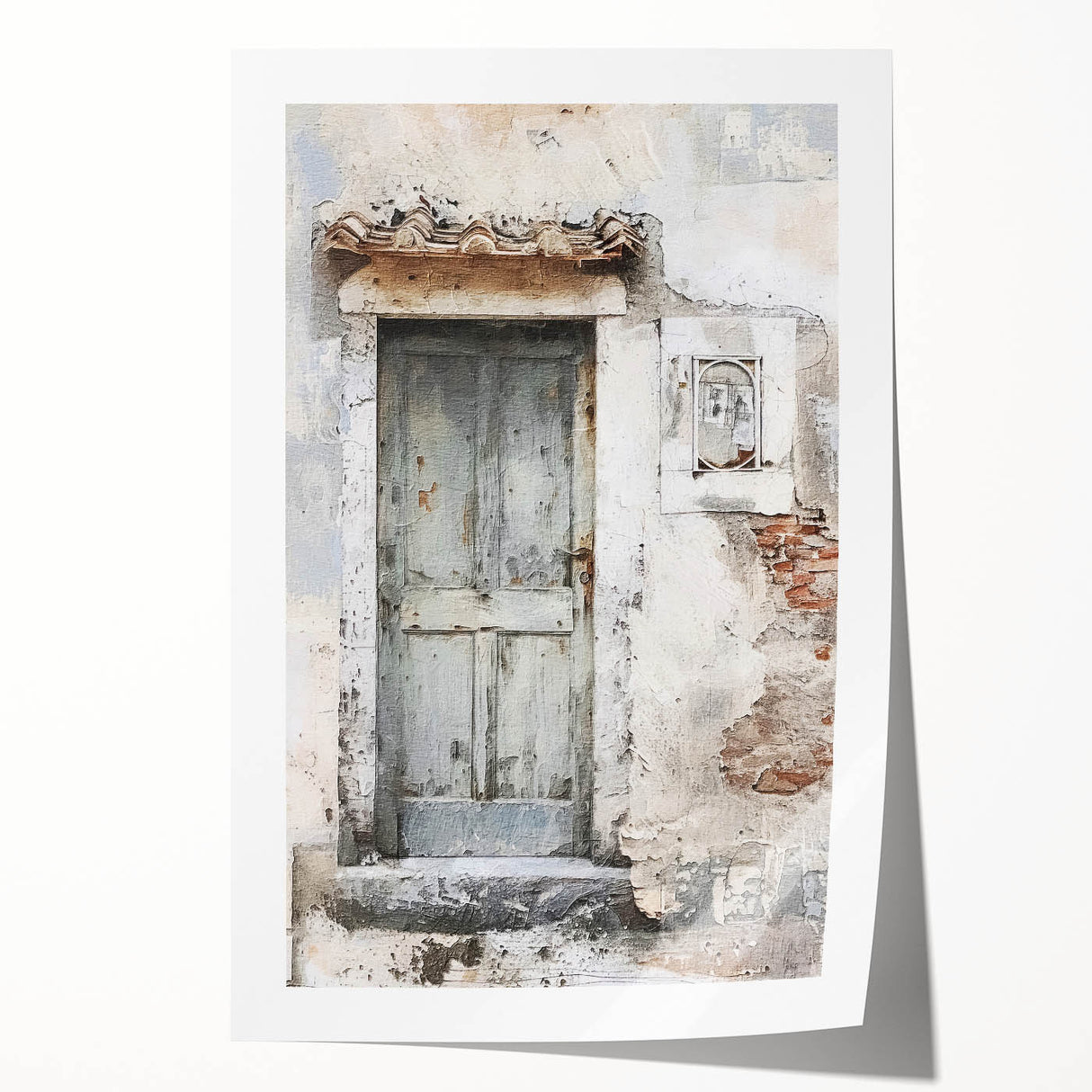 Rustic Italian door design on a rolled print, featuring earthy tones, ideal for art wall dining room.