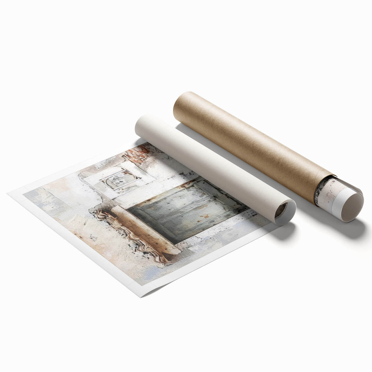 Rustic Italian door design in muted earth tones on a large rolled print, suitable for classy bathroom wall art.
