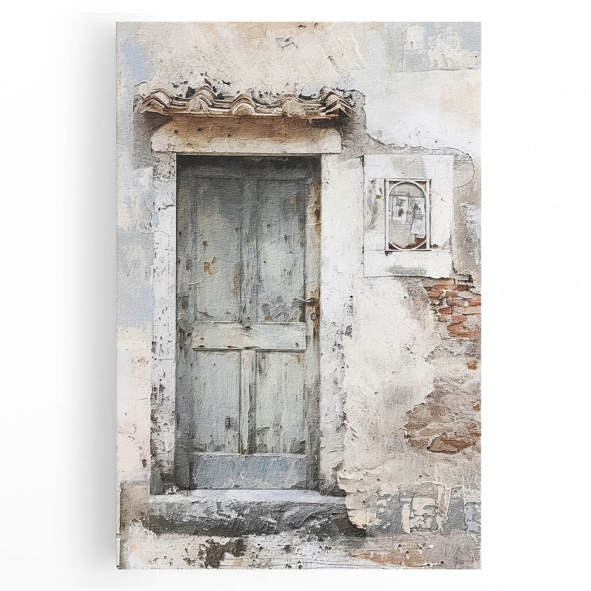 Black and white photo of a rustic Italian door on stretched canvas, ideal for kitchen wall art.