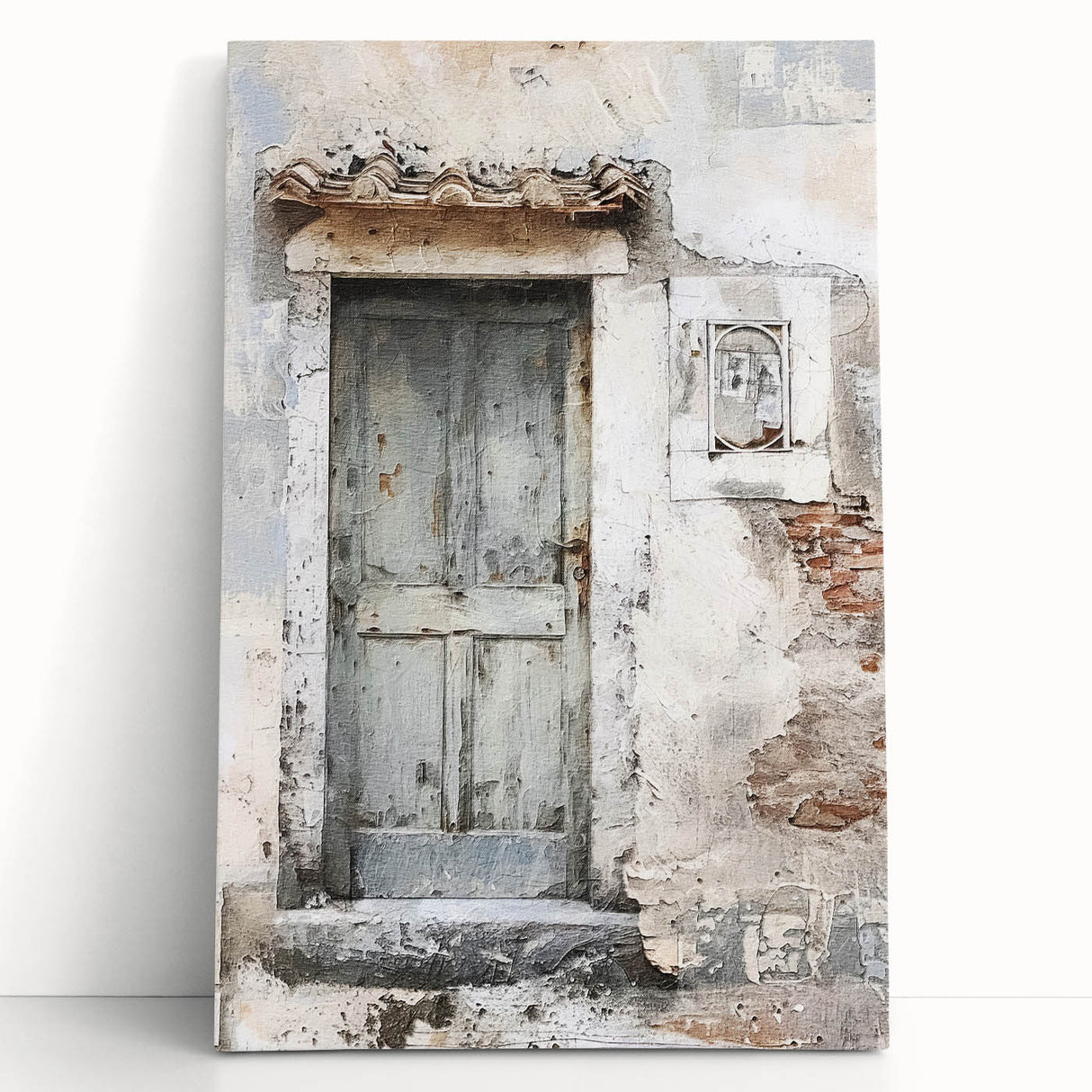 Black and white photo of a rustic Italian door on stretched canvas, ideal for kitchen wall art.