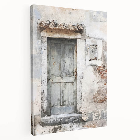 Rustic Italian door design printed on stretched canvas, featuring earthy tones, ideal for kitchen wall art.
