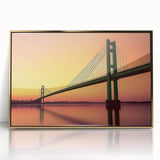 Mid-century modernist architecture depicted in muted gold and beige tones on a framed acrylic print.