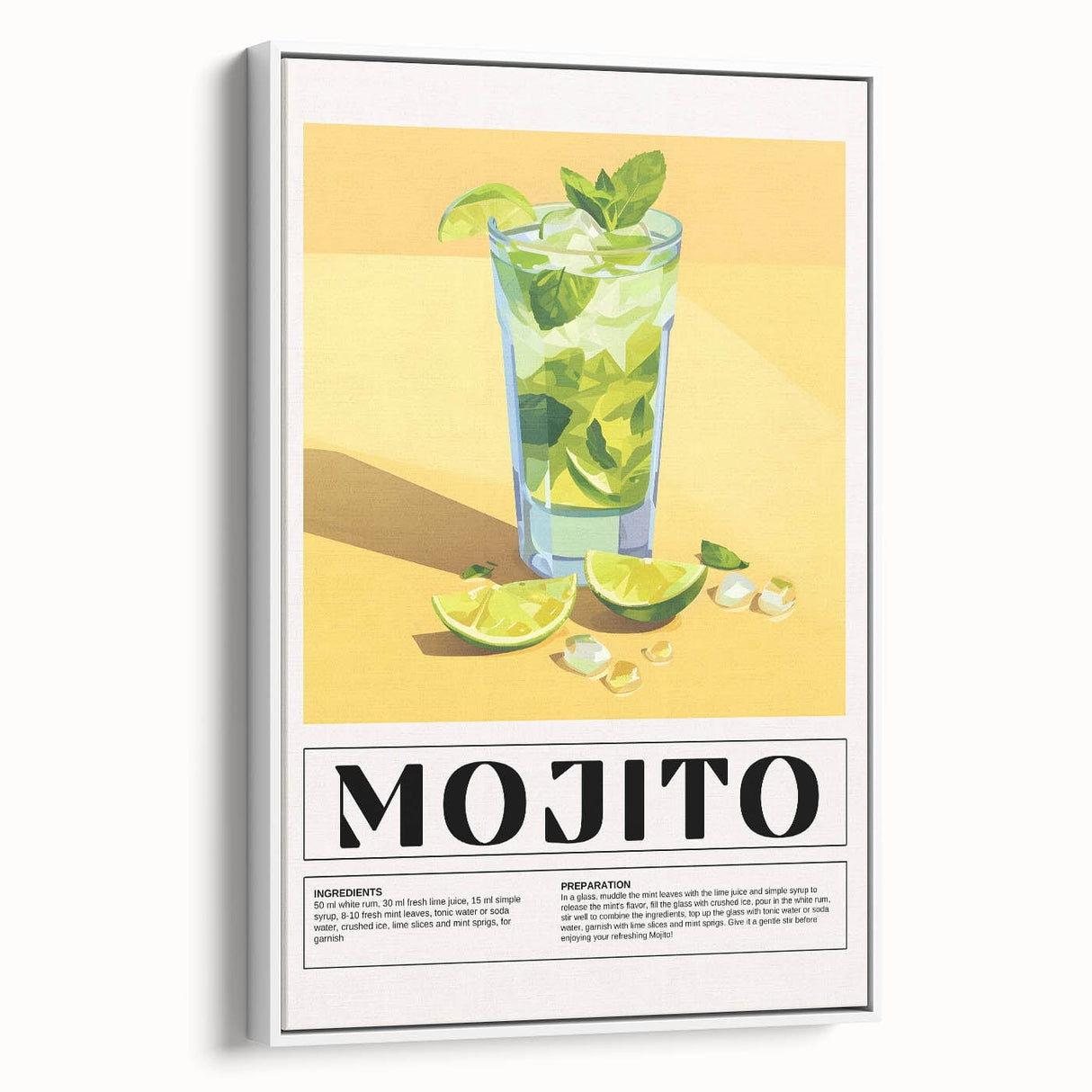 Vintage poster art of colorful food and drinks on a white framed canvas, ideal for living room decor.