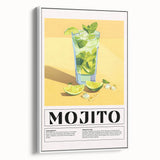 Vintage poster art of colorful food and drinks on a white framed canvas, ideal for living room decor.