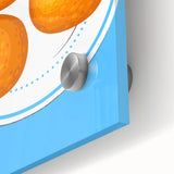 Large abstract wall art featuring assorted fruits in vibrant colors on acrylic glass, suitable for dining room decor.