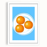 Abstract art print of colorful fruits on white matte framed poster, ideal for dining room decor.