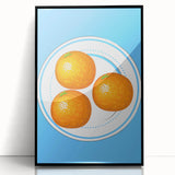 Large abstract wall art featuring assorted fruits in bold colors on a black acrylic framed print.