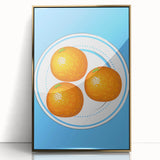 Large art print of colorful fruits in a mid-century modernist style, framed in acrylic with a gold border.