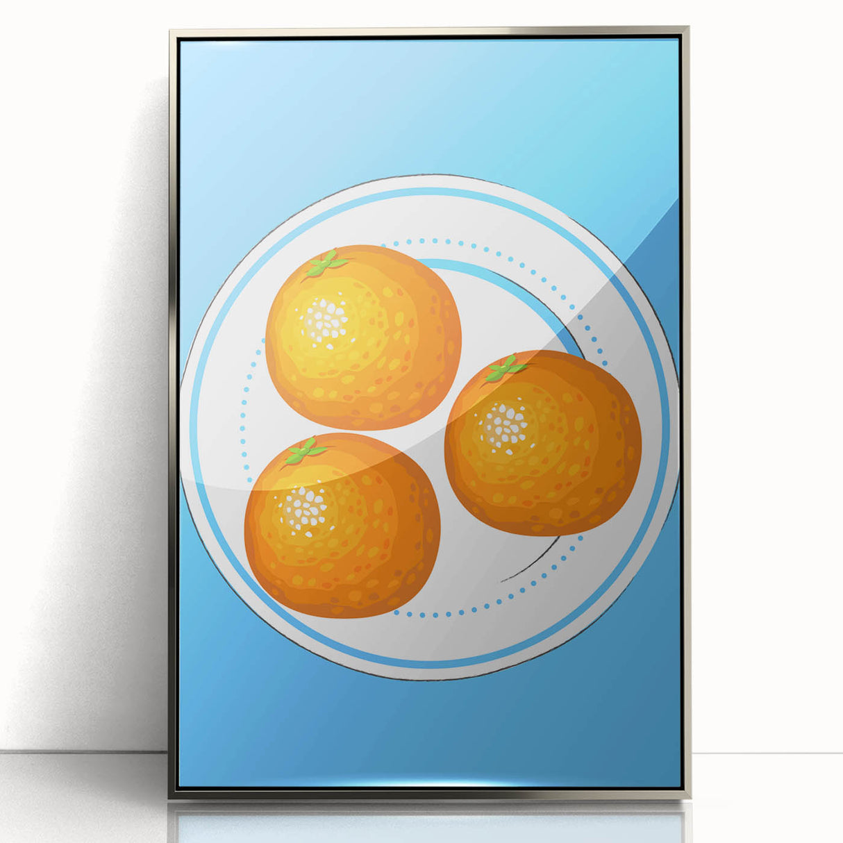Mid-century modernist art featuring an array of fruits in bold colors on a framed acrylic print.