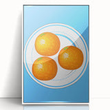 Acrylic print of colorful fruit assortment in art deco style, framed in white, suitable for modern kitchen decor.