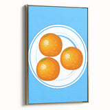 Framed canvas wall art depicting various fruits in a vintage poster art style, with a black background.