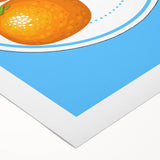 Art Deco poster featuring an array of colorful fruits on a rolled canvas, suitable for dining room decor.