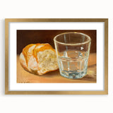 Extra large abstract art print of pastries in muted earth tones, framed in gold, ideal for living room decor.