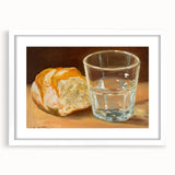 Abstract art print of assorted pastries in soft pastel colors, framed in white, ideal for dining room decor.