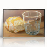 Mid-century modernist art featuring an array of pastries in muted colors, presented in a silver-framed acrylic.