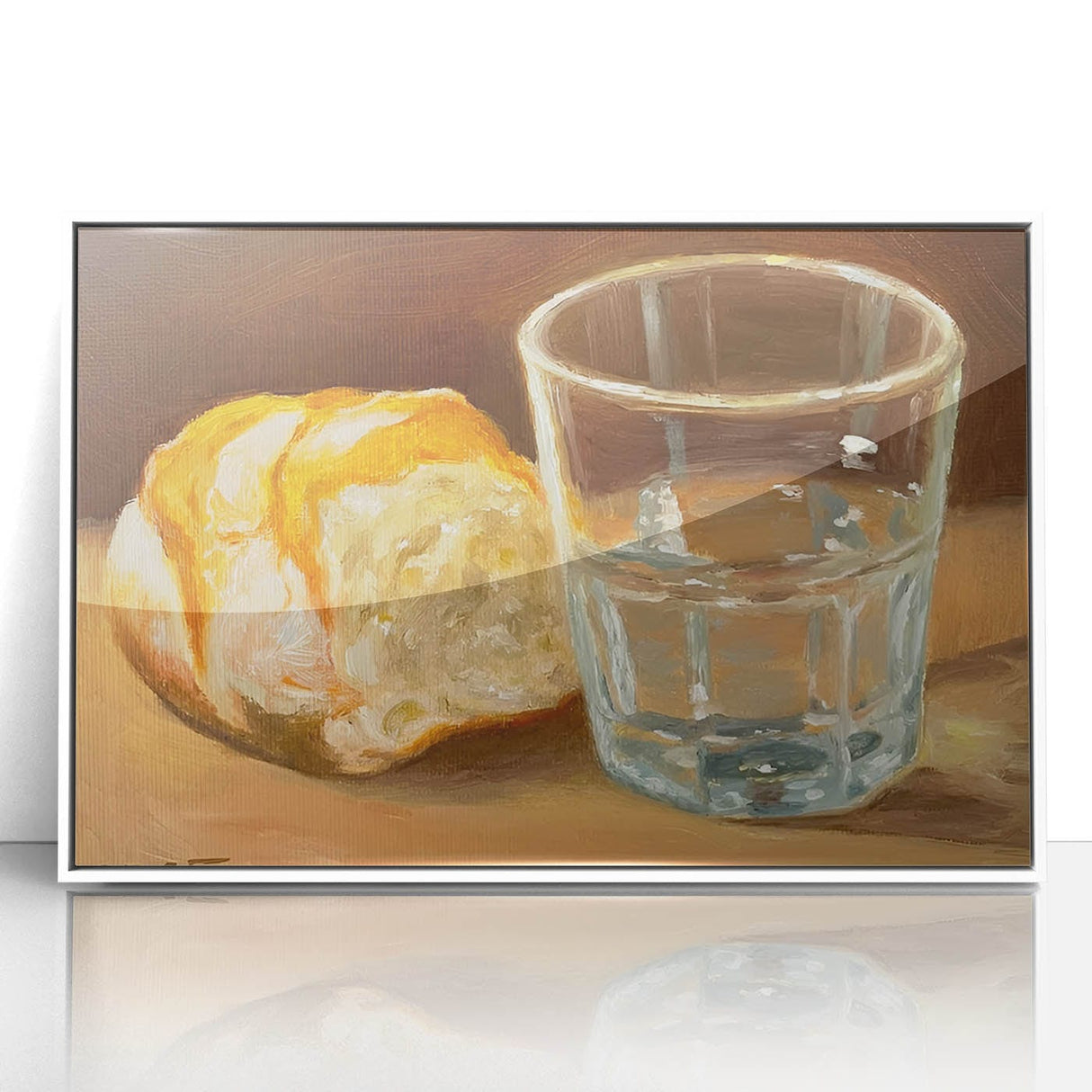 Art deco poster featuring assorted pastries in muted pastel shades, acrylic print in a white frame.