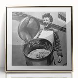 Large art print of a mid-century modernist food market scene in muted earth tones on framed acrylic.