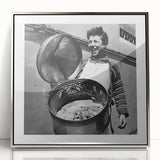 Mid-century modernist art depicting food and people in muted colors on a silver-framed acrylic, ideal for nursery wall art.