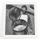 Black and white stretched canvas featuring a bustling food market scene, ideal for kitchen wall art.