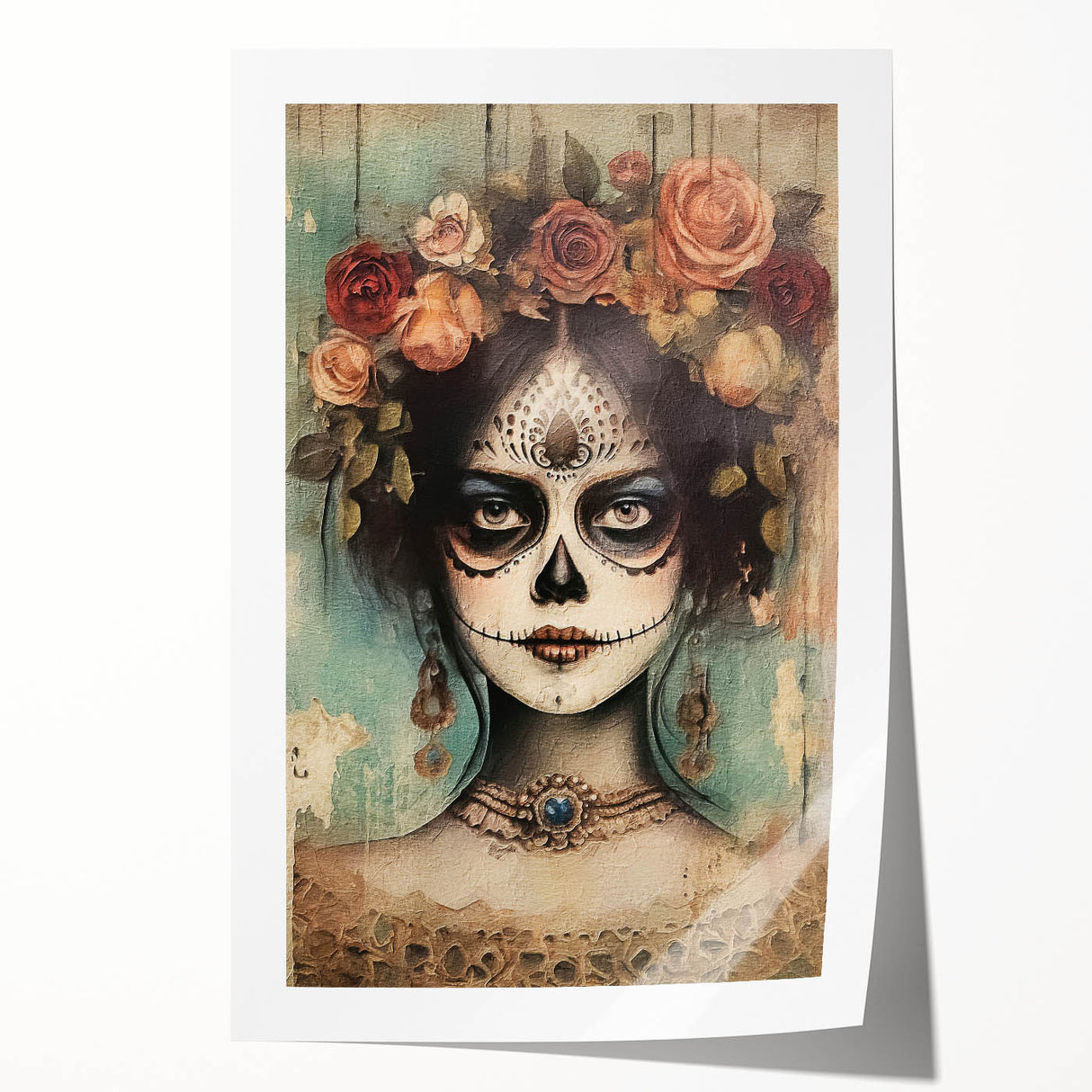 Floral Sugar Skull Woman – Día de los Muertos Wall Art