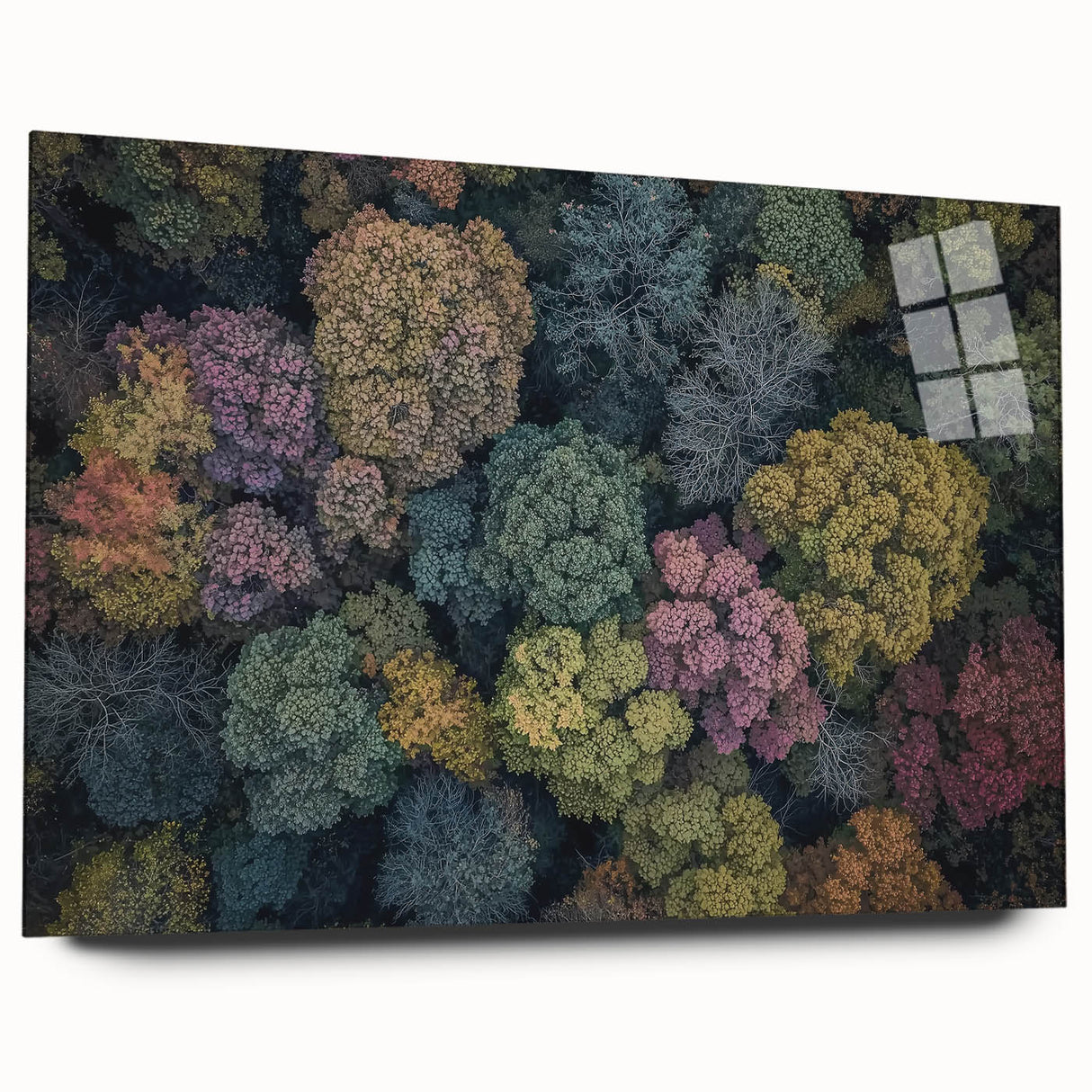 Landscape acrylic glass artwork showcasing a vibrant abstract design, viewed from the side without pins, highlighting its sleek edges and reflective surface. Perfect for modern decor.
