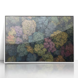 Framed acrylic artwork showcasing a vibrant landscape with a white border, ideal for modern home decor. Perfect for adding a touch of nature to any room.