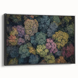 Framed landscape canvas artwork showcasing a vibrant abstract design with a black frame, highlighting the intricate details and colors for modern home decor.