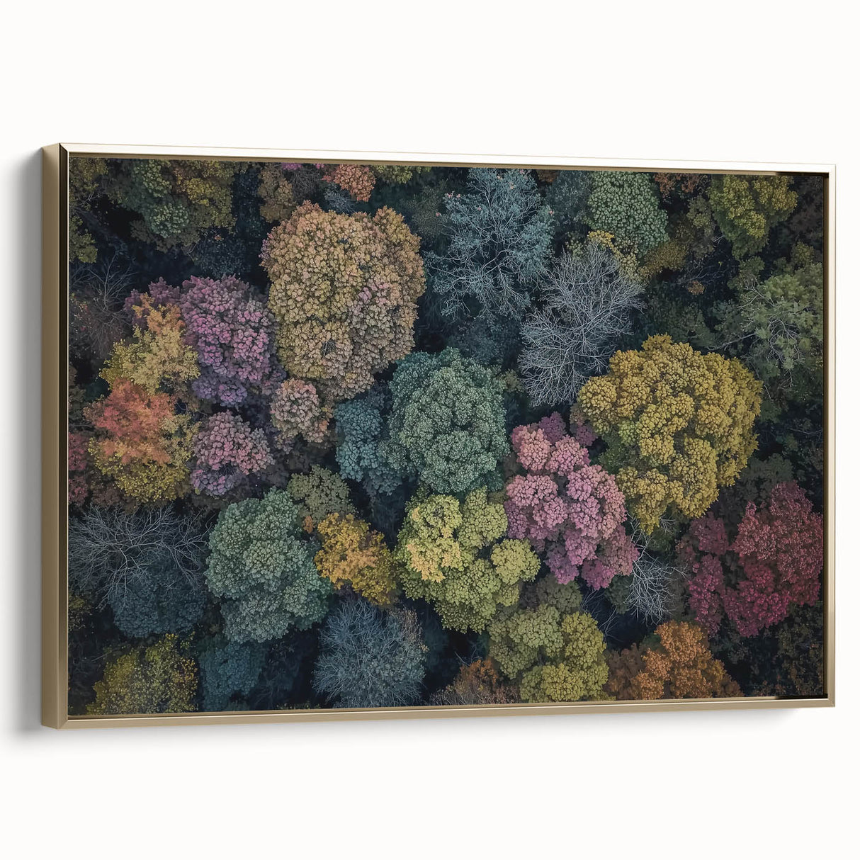 Framed landscape canvas artwork showcasing a serene gold-toned design, elegantly displayed from the side. Ideal for modern home decor, adding a touch of sophistication.
