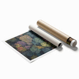 Rolled print showcasing a vibrant African landscape design, featuring rich colors and intricate details, securely packaged in a protective cardboard tube for safe shipping.