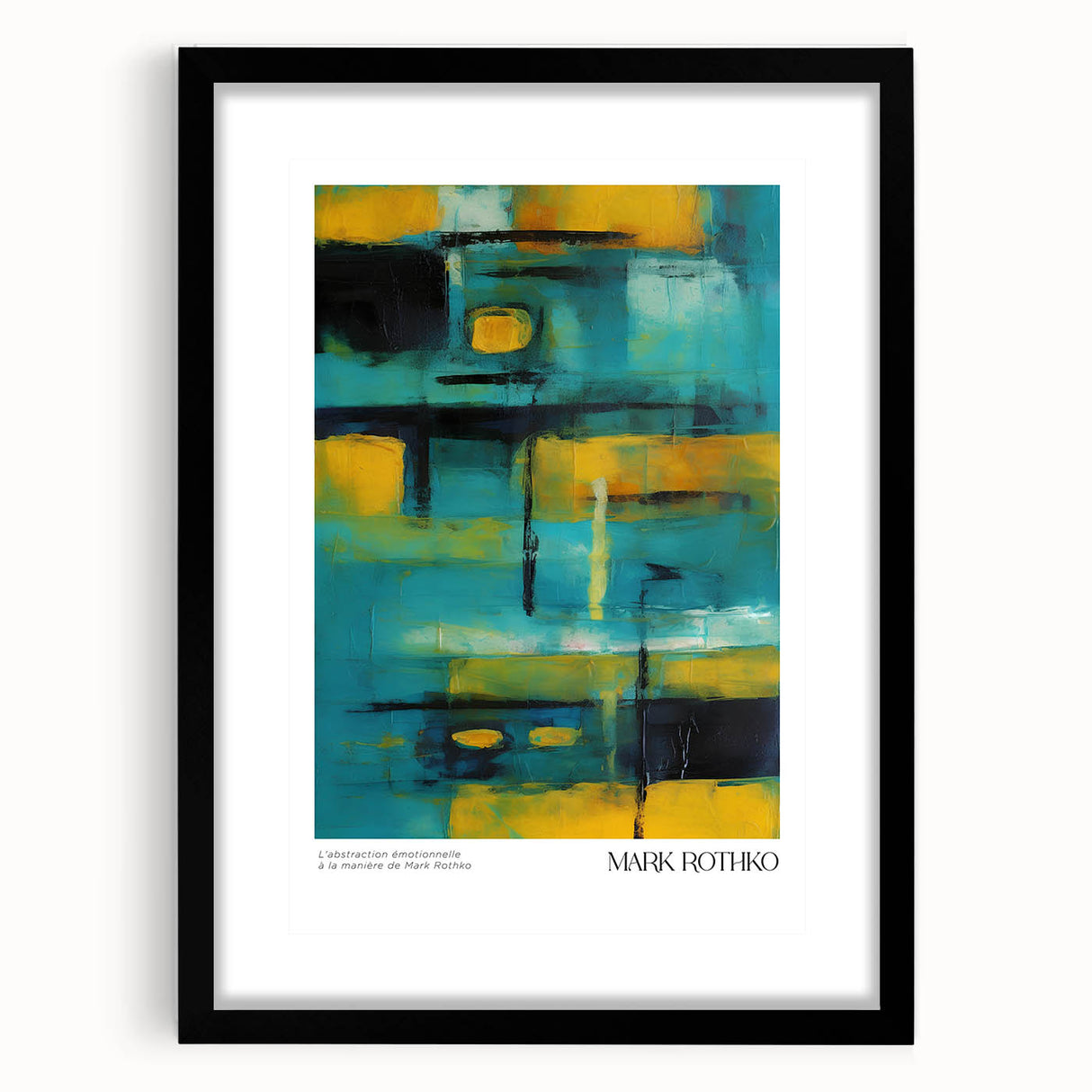 Extra large abstract art print with textured, colorful design in a black frame, ideal for living room decor.