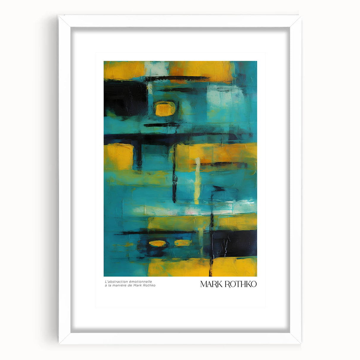 Abstract art print in vibrant red and blue tones on a white framed canvas, suitable for bedroom or dining room decor.