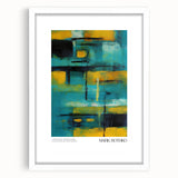 Abstract art print in vibrant red and blue tones on a white framed canvas, suitable for bedroom or dining room decor.