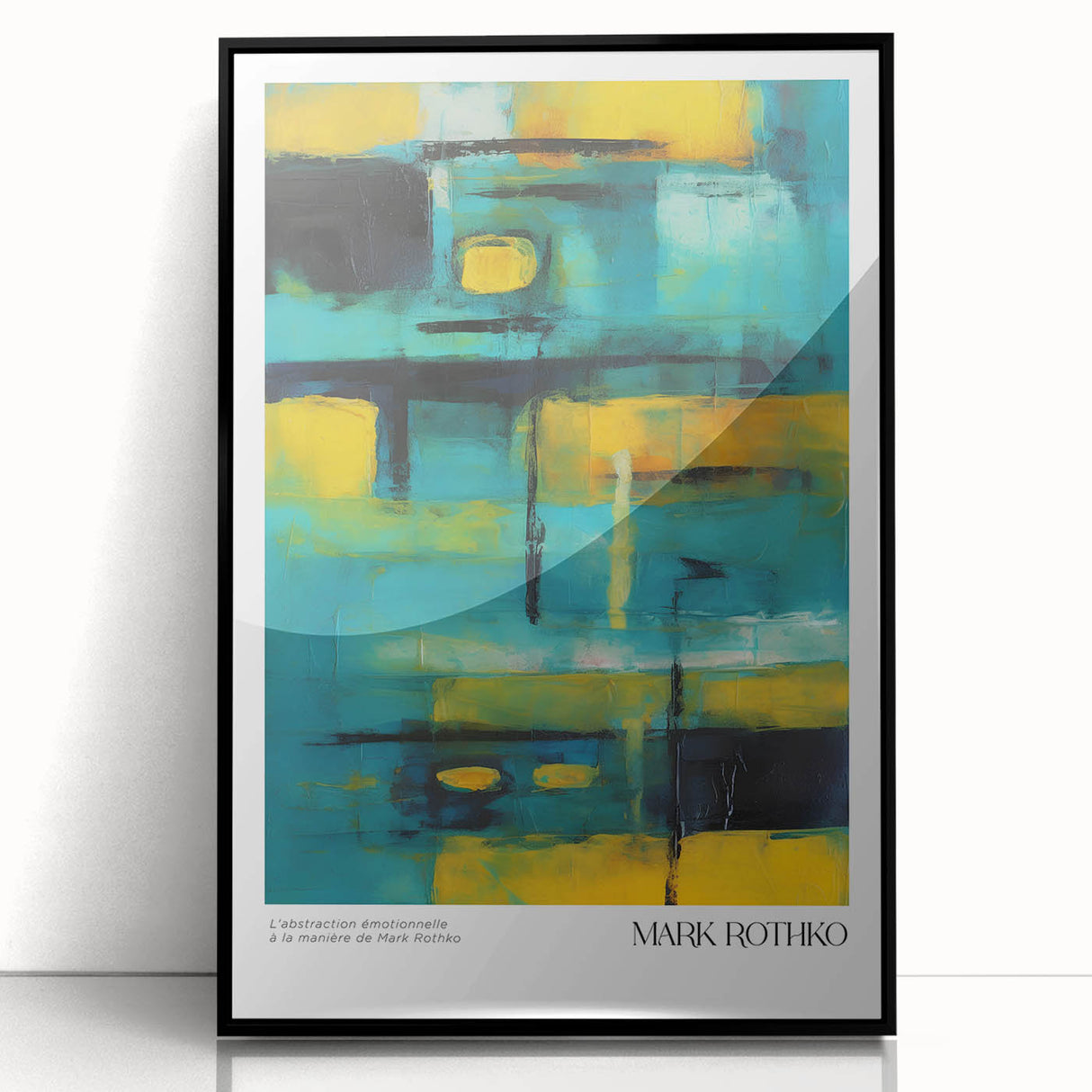 Large abstract wall art in muted blues and greens on a framed acrylic, ideal for modern living room decor.