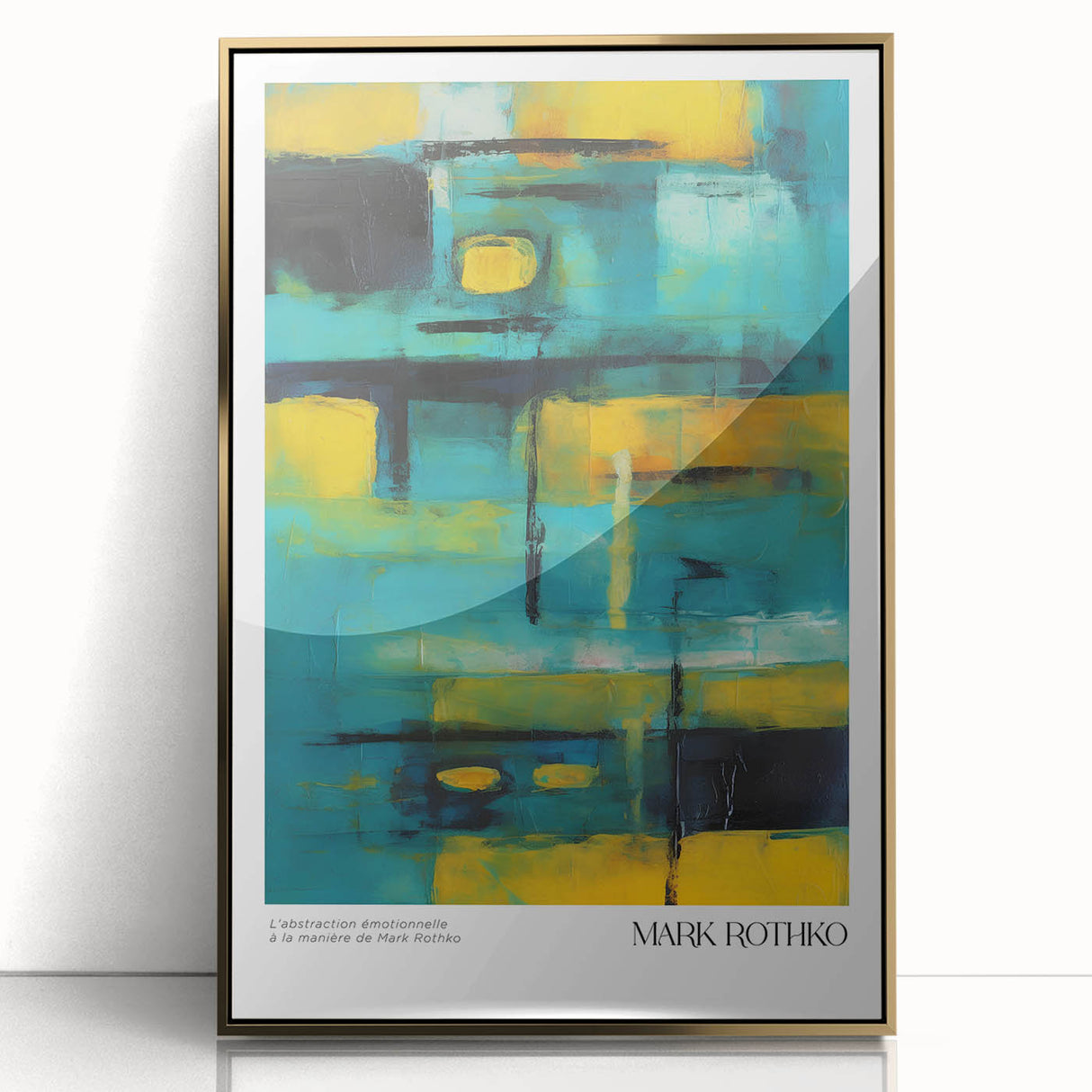 Large art print of a Rothko-inspired abstract in muted oranges and reds on acrylic, framed in gold.