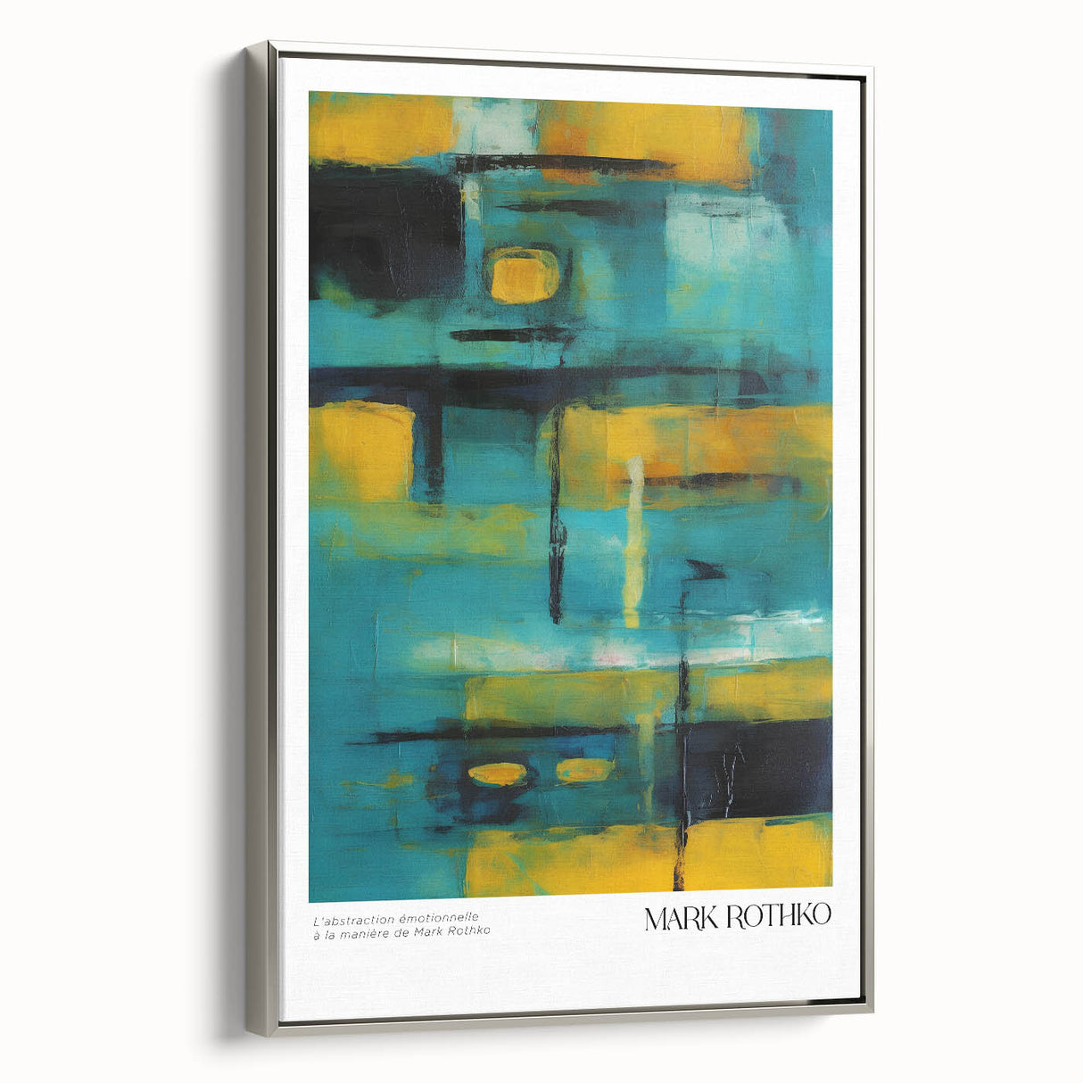 Framed canvas featuring a Mark Rothko-inspired landscape with colorful abstract blocks, suitable for a modern living room.
