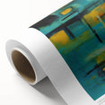 Art deco style poster of abstract geometric shapes in muted blue and pink tones on rolled canvas.