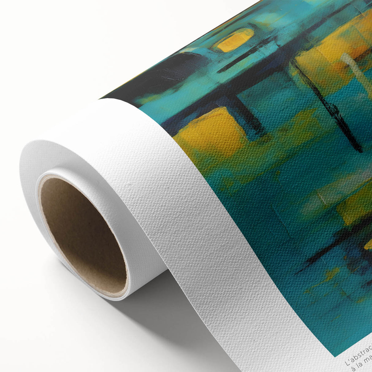 Art deco style poster of abstract geometric shapes in muted blue and pink tones on rolled canvas.