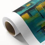 Art deco style poster of abstract geometric shapes in muted blue and pink tones on rolled canvas.