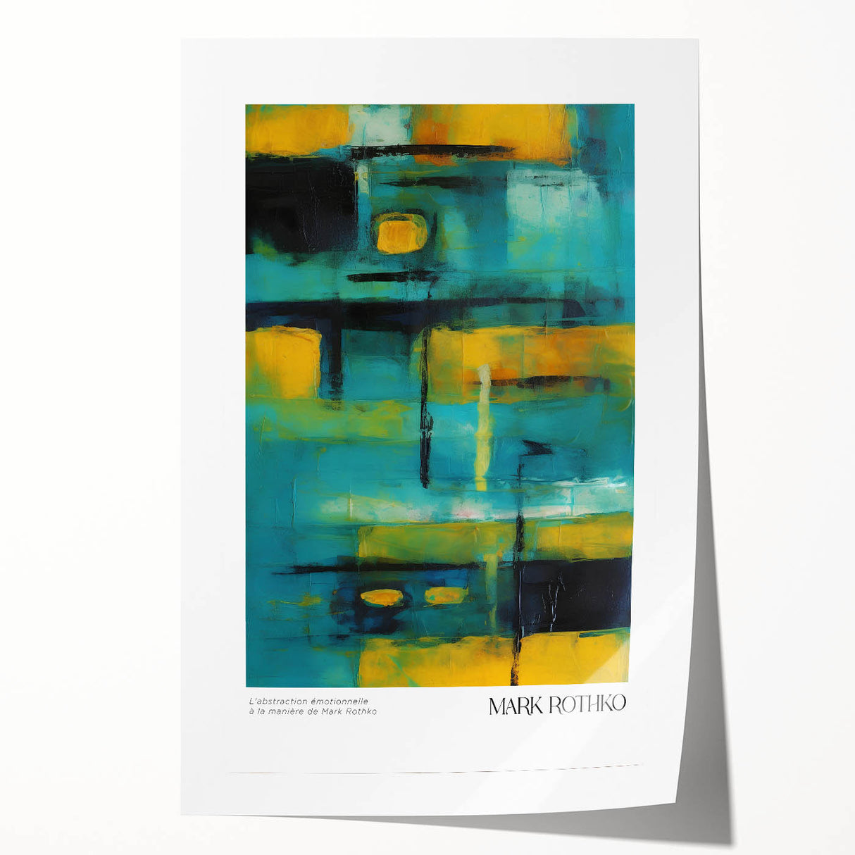 Rolled print of a modern abstract painting featuring large blocks of muted colors, ideal for art wall dining room.