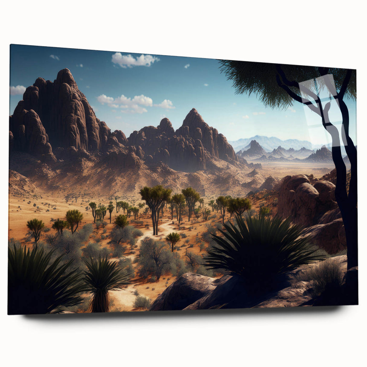 Large abstract wall art depicting Algerian scenery in muted earth tones on acrylic glass.