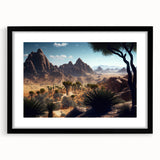 Extra large abstract art print depicting a colorful, textured African scenery on a black framed canvas.