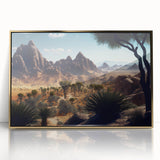 Mid-century modernist art depicting an Algerian landscape in gold and earth tones on a framed acrylic.