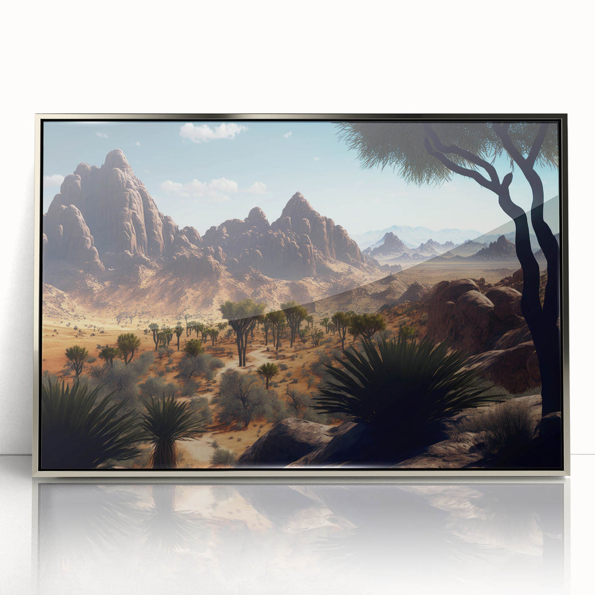 Art deco poster featuring an Algerian landscape in muted earth tones on a silver-framed acrylic print.