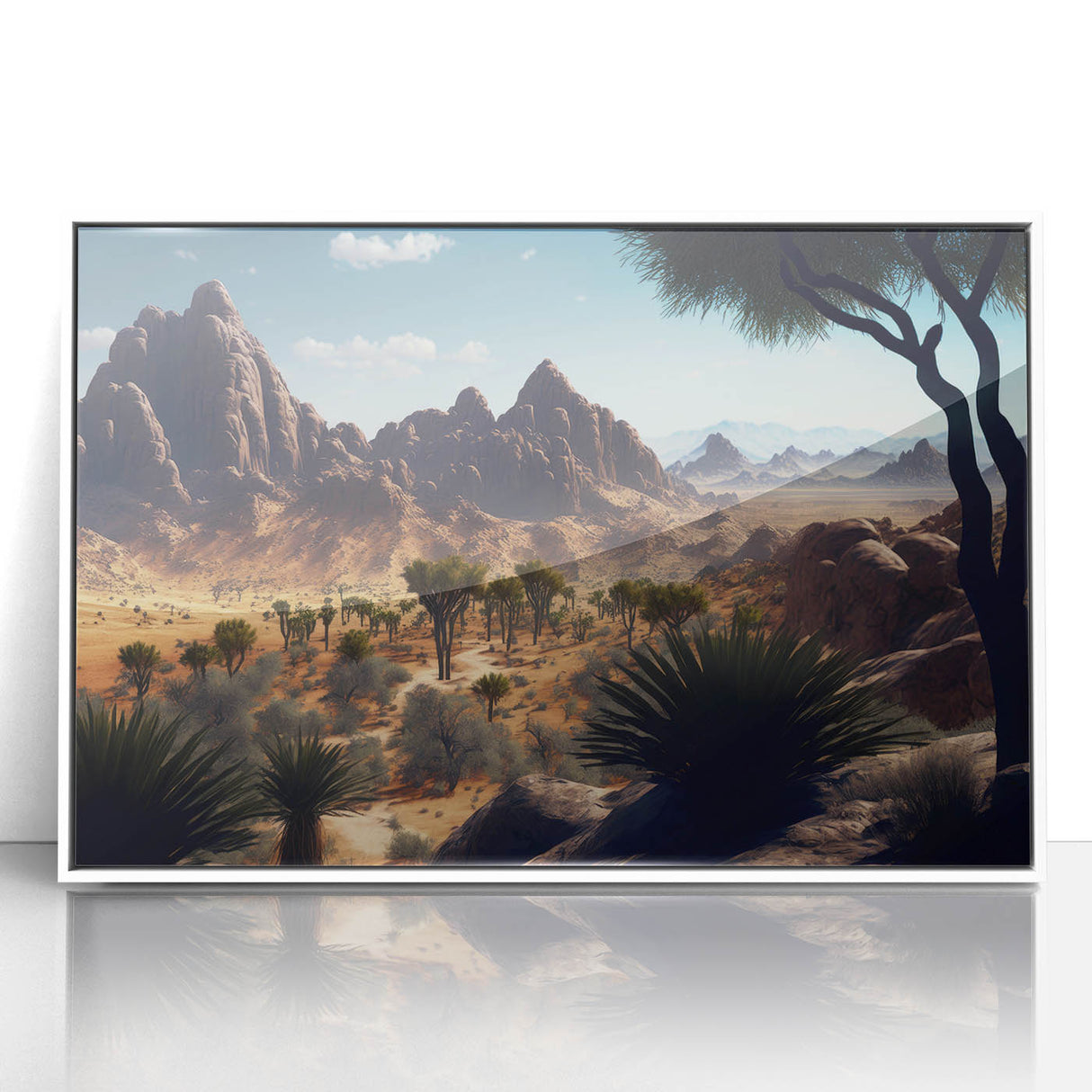 Large art print of an Algerian landscape in mid-century modernist style, framed in white acrylic.
