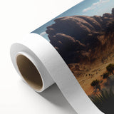 Art Deco poster of an Algerian landscape on rolled canvas, with soft earth tones, ideal for nursery wall art.