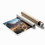 Extra large rolled print depicting vibrant floral art with rich reds and greens, ideal for classy bathroom wall art.
