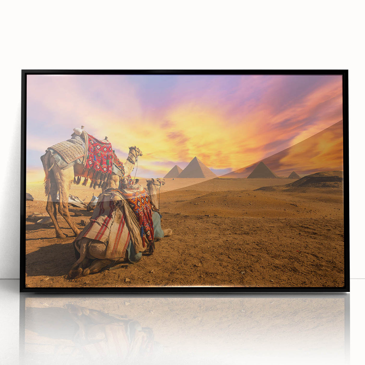 Large abstract wall art depicting an Egyptian scenery in muted earth tones on a framed acrylic.